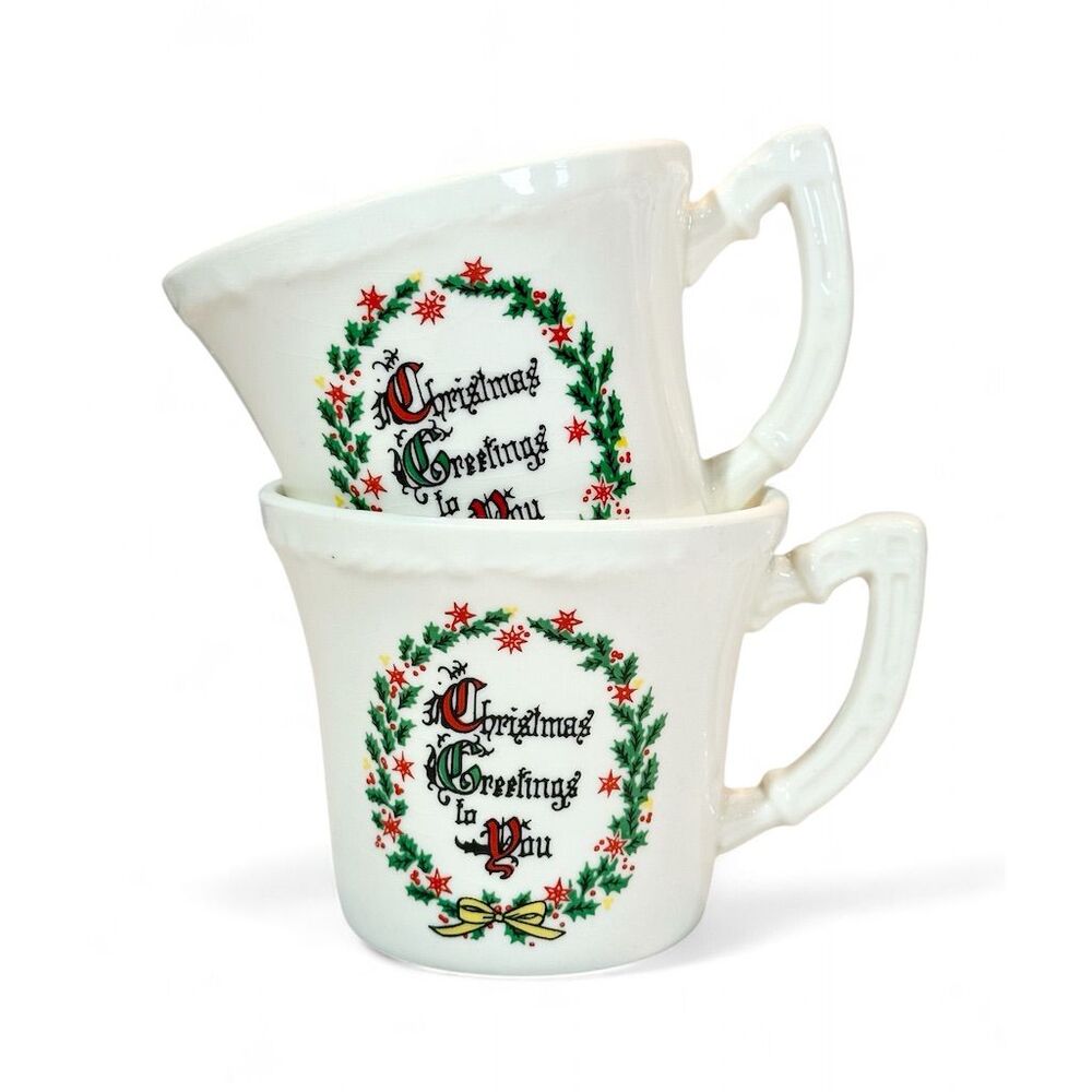 Vintage Christmas Greetings to you, pottery mug, 1940s, set of two (2)